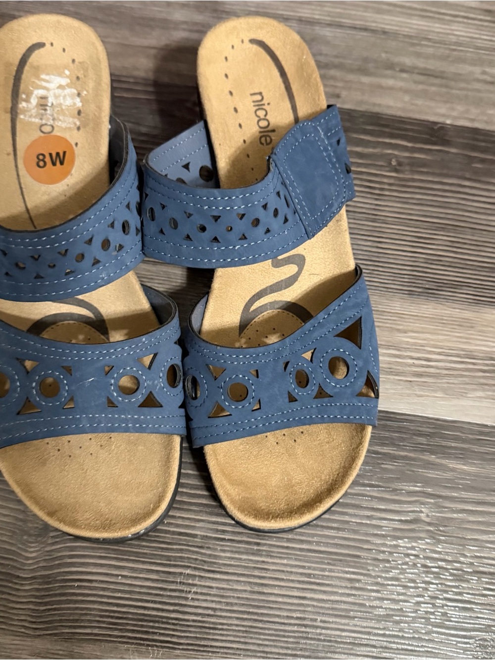 Nicole Blue Laser-Cut Double-Strap Slide Sandals